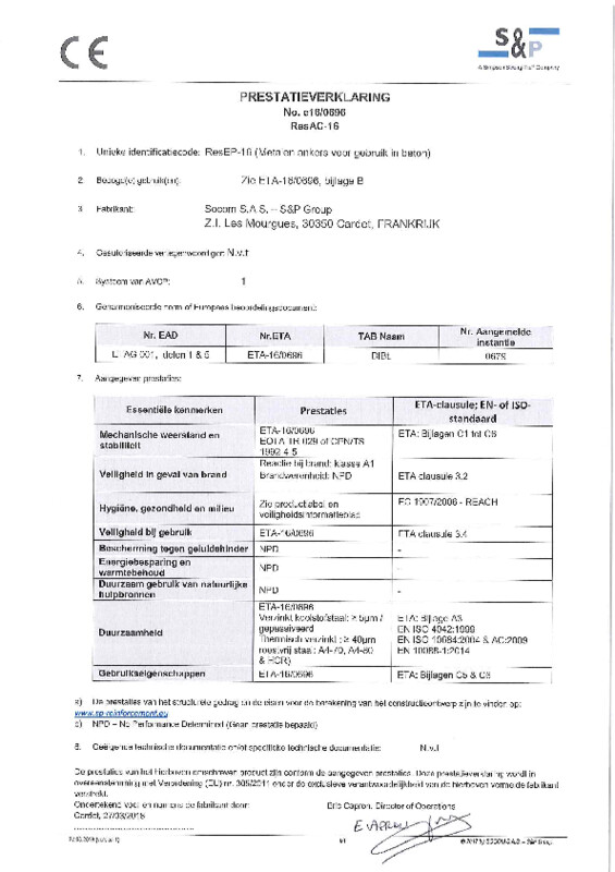 S&P ResEP-16, (DoP) voor gebruik in beton